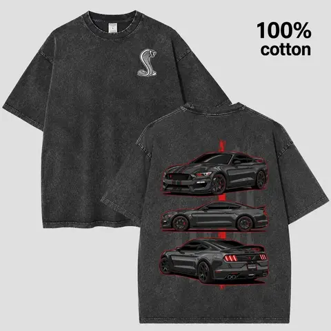 Vintage Washed Gray Mustang Cobra Graphic Tee - Retro American Muscle Car T-Shirt