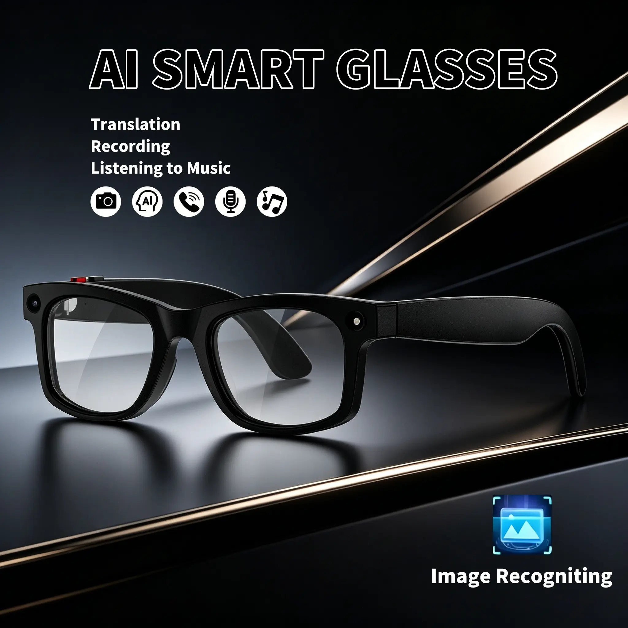 AI smart glasses equipped with 2MP high-definition camera, 1080P anti shake video recording, Bluetooth calling, music playback, real-time translation, voice assistant, travel, meeting and video recording, touch adjustment, audio multifunctional sunglasses