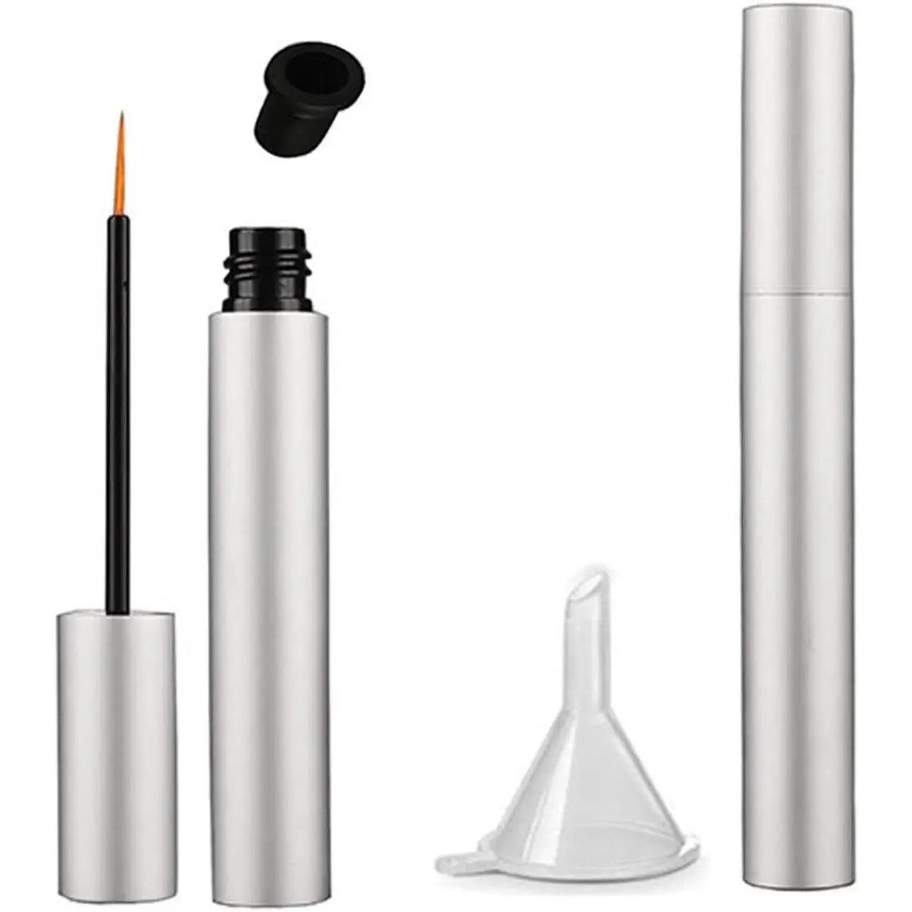2Pcs 5ml Empty Lash Serum Bottles with Brush Eyeliner Tubes Refillable Mascara Containers with Mini Funnel Vials for DIY Eyelash Growth Oil Liquid Makeup Storage Silver