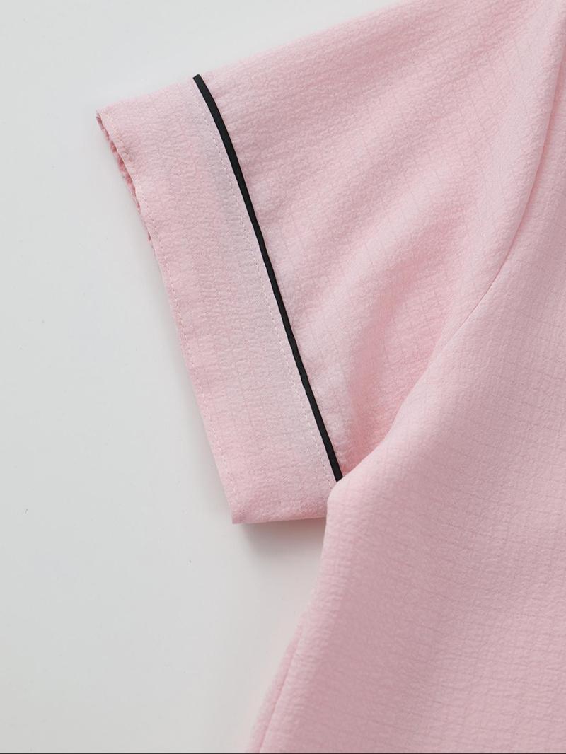 Women's Heart Embroidery Short Sleeve Pajama Set, Casual Comfy Lapel Neck Pocket Shirt & Shorts Pj Set, Ladies Sleepwear for All Seasons, Loungewear