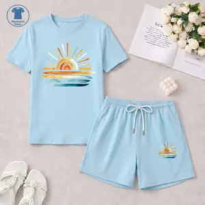 Women’s Casual Graphic Two Piece Outfit, Sunset Sea Print T Shirt and Shorts Set, Soft Summer Lounge Wear for Travel, Vacation, Resort, Beach Walks and Everyday Comfort
