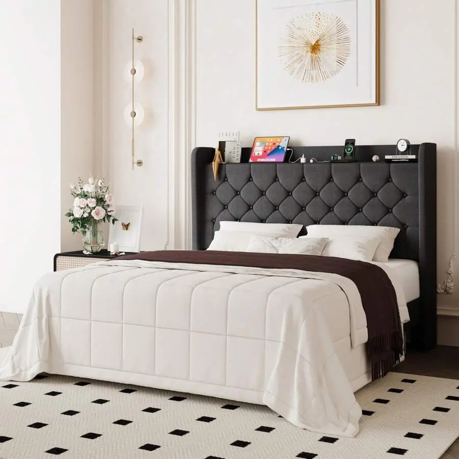 Linen Fabric Durable Winged Storage Bed Frame (Full/Queen/King Size) - USB Port Charging Station, Silent Sturdy Wooden Slats, Diamond Stitched Button Tufted Storage Headboard, Space-Saving, No Box Spring Needed, Easy Assembly, Dark Grey