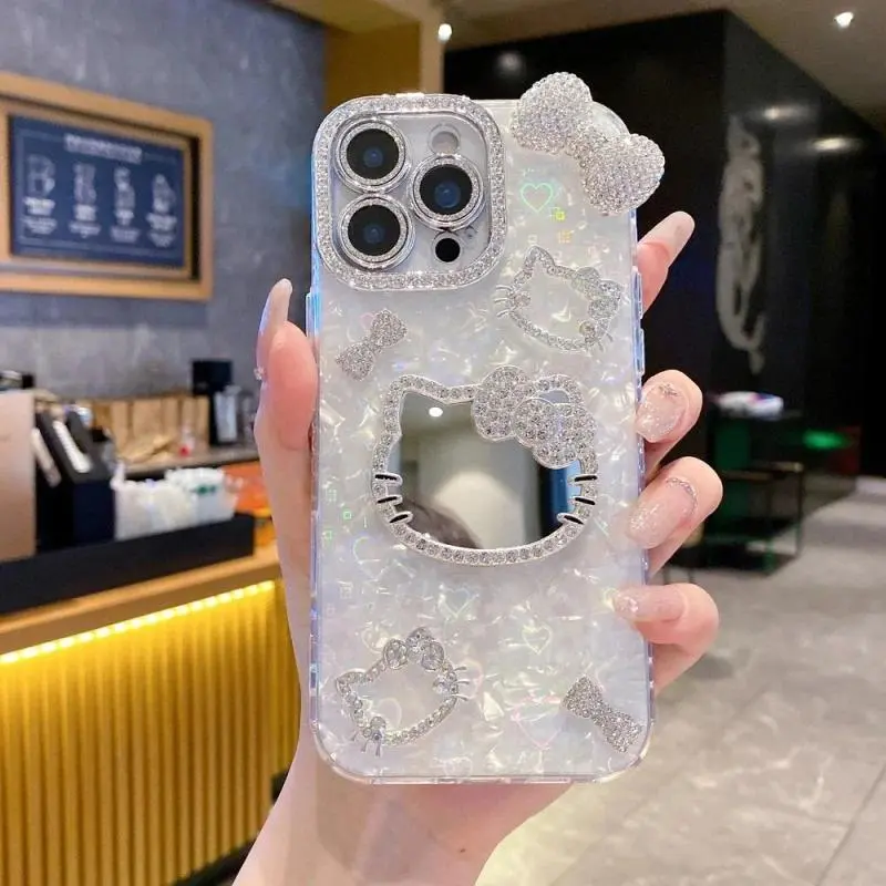 Bow Knot Cat Mirror Heart Shell Pattern Phone Case For iPhone 12 13 14 15 16 17 Pro Max Plus Shockproof Protective Cover