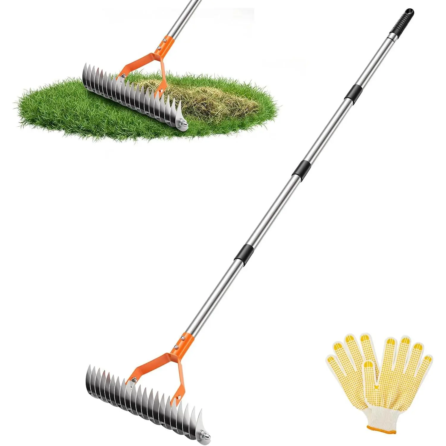 Thatch Rake, Lawn Thatching Rake, Heavy-Duty Dethatcher Rake, Metal Rake with 64 Inch Handle, Versatile Grass  Rake for Withered Grass Cleaning Yard Garden Soil Rake