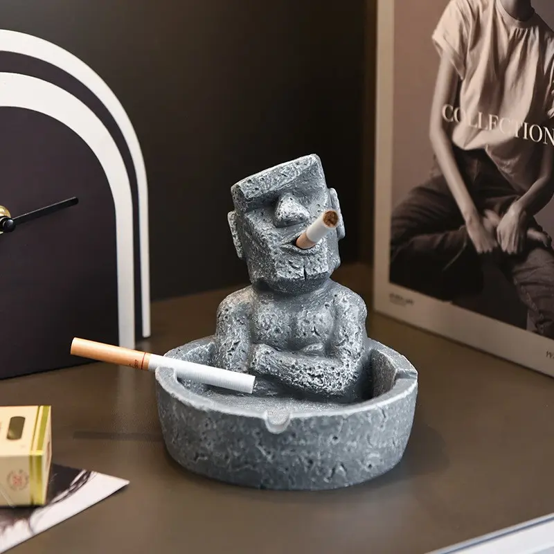 Easter Island Moai Statue Ashtray, Resin Funny Craft Decorative Cigarette Ash Tray, Luxury Desktop Ornament For Living Room Bedroom Study Office, Unique Gift For Dad Boyfriend Colleague Halloween Present