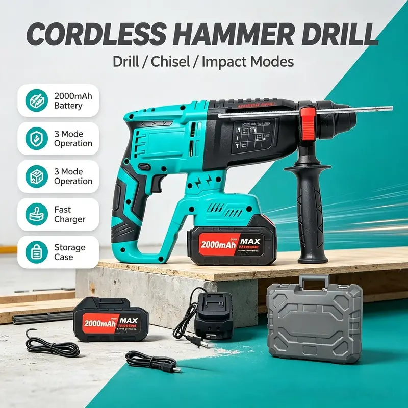 Hammer drill, brushless cordless, heavy-duty electric drill, suitable for concrete and masonry, ideal for construction, home renovation, and projects, powerful, excellent holiday gift
