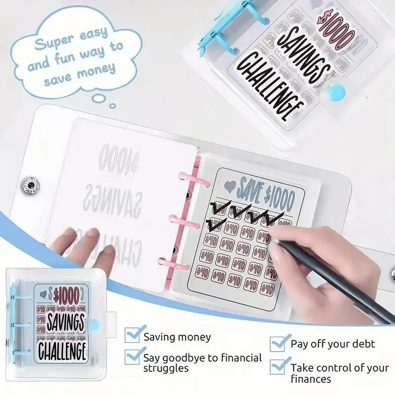 $1000 Savings Challenge Mini Binder for Men, Reusable Cash Stuffing Budget Binder with Transparent PVC Pockets, Portable Size Money Save Finance Planner (Luggage & Bags, Men's Wallets), Money Saving Binder
