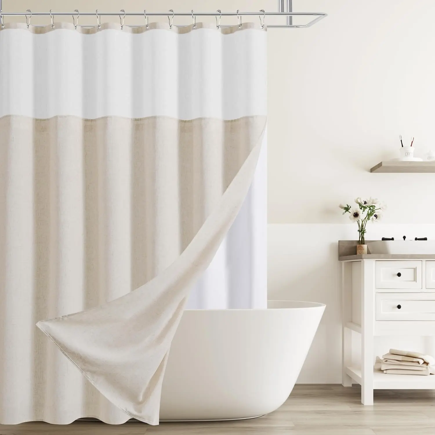 Beige Shower with Snap in Liner Set Rustic Farmhouse Shower Curtains for 200GSM Textured Burlap Cloth Bath Curtains with See Through Top Window 72x72