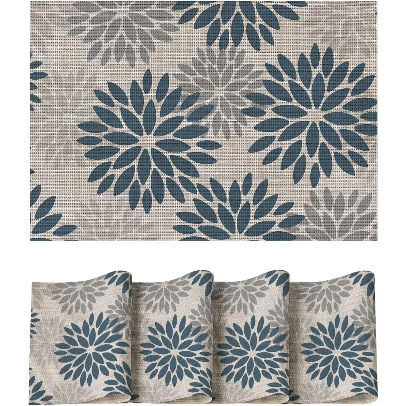 Floral Vinyl Placemats Set of 4, Heat Resistant Washable Non-Slip Plastic PVC Place Mats for Party Kitchen Dining Decor, Blue Grey