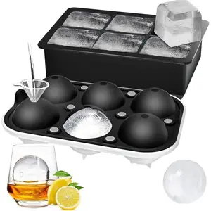 Ice Cube Trays (Set of 2), Sphere Ice Ball Maker with Lid & Large Square Ice Cube Maker for Whiskey, Cocktails and Homemade, Keep Drinks Chilled Black