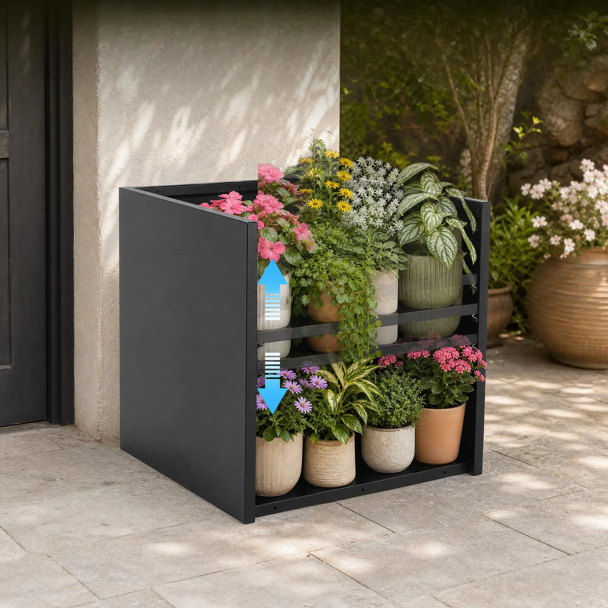 Heavy-Duty Square Metal Planter Box Raised Garden Bed - Black Iron Cube, Adjustable Divider, Double-Layer Outdoor Planter for Patio/Porch/Backyard Vegetables & Flowers