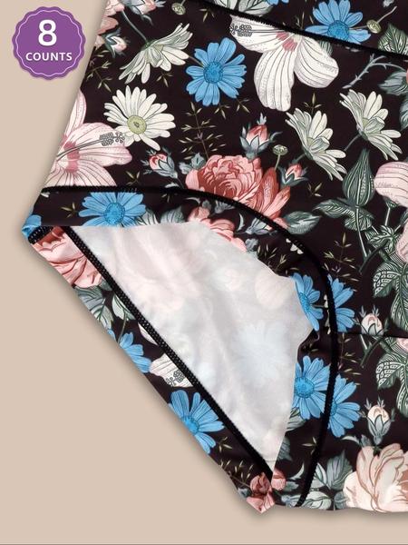 Women's Floral Pattern High Waist Underwear, Comfortable Fitted Design, All-Season Casual Style, Printed Pattern, Soft Fabric, Pack of 8