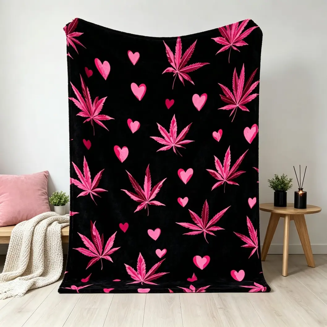 Cannabis Leaf Heart Pattern Flannel Blanket, Soft Comfortable Lightweight Throw Blanket, Black Background Printed Cozy Blanket for Bedroom Sofa Bed Office Home Decor, Kids & Adults Gift