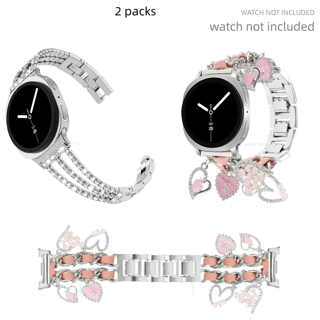 2 Pack, Smartwatch Accessories, Wearable Accessories, Cuban Chain Pendant Sparkling Diamond Chain Bracelet for Samsung Galaxy watch8/8 Classic Strap 40mm 44mm - Galaxy 8 Women's Jewelry Strap Sparkling Diamond Chain Strap Dress Watch Straps (Band Only)
