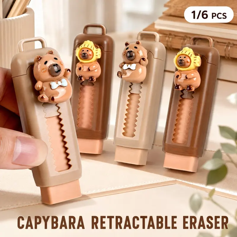Capybara Eraser with Retractable Push-Pop Design, Multifunctional Stationery, Cute Animal Theme Durable Polyester Eraser for School, Classroom Supplies, Office & Art Supplies (Multiple Colors)