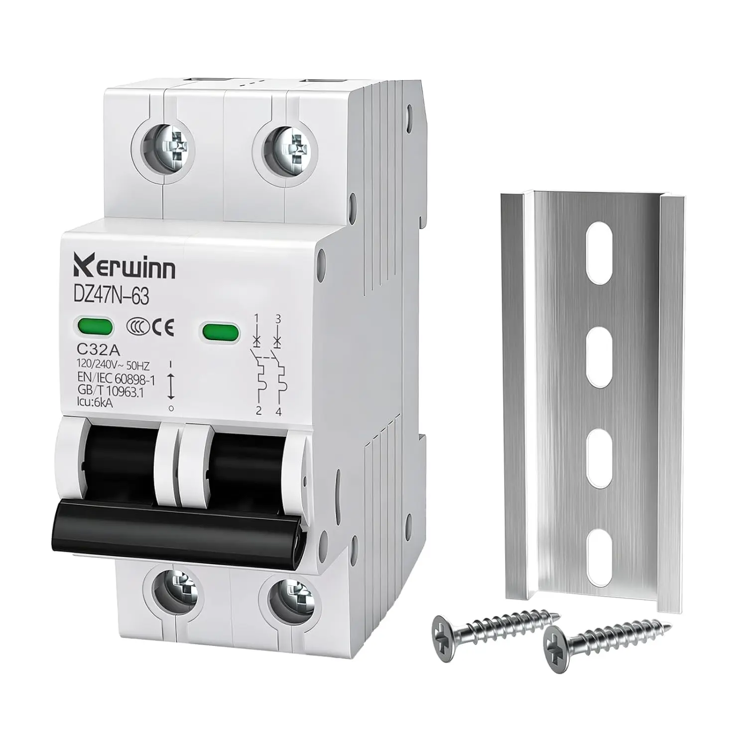 2-Pole 32A AC Miniature Circuit Breaker (MCB) Protector, 120V/240V 50/60Hz DIN Rail Mount, with Installation Screws for Home & RV Circuit Protection