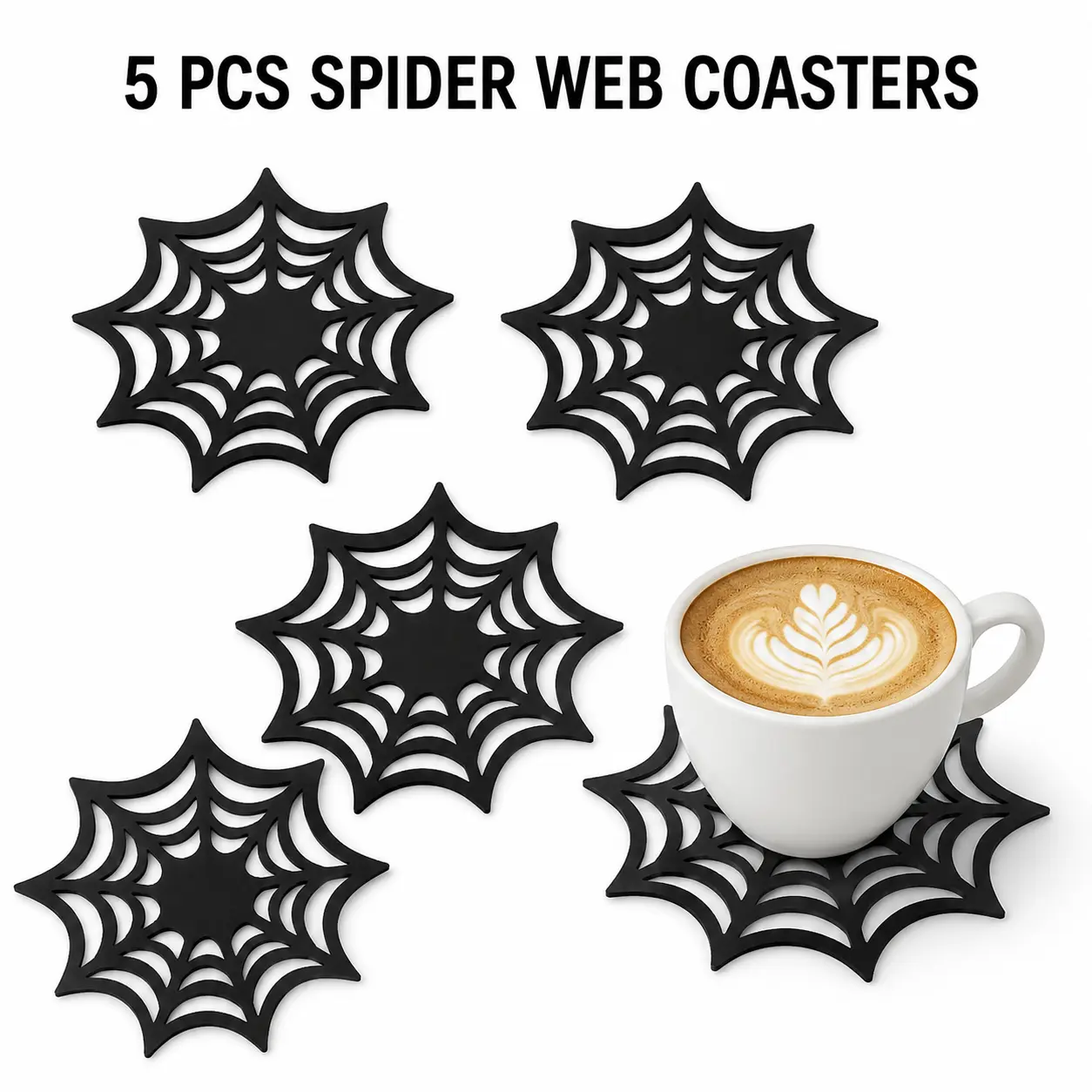 Spider Web Design Coaster, 5 Counts/set Creative Halloween Themed Coaster with Base, Heat Insulated Coasters for Drinks Decorative Coaster Kitchen Coasters for Home Kitchen Office Party Dining Room Decor-YY1