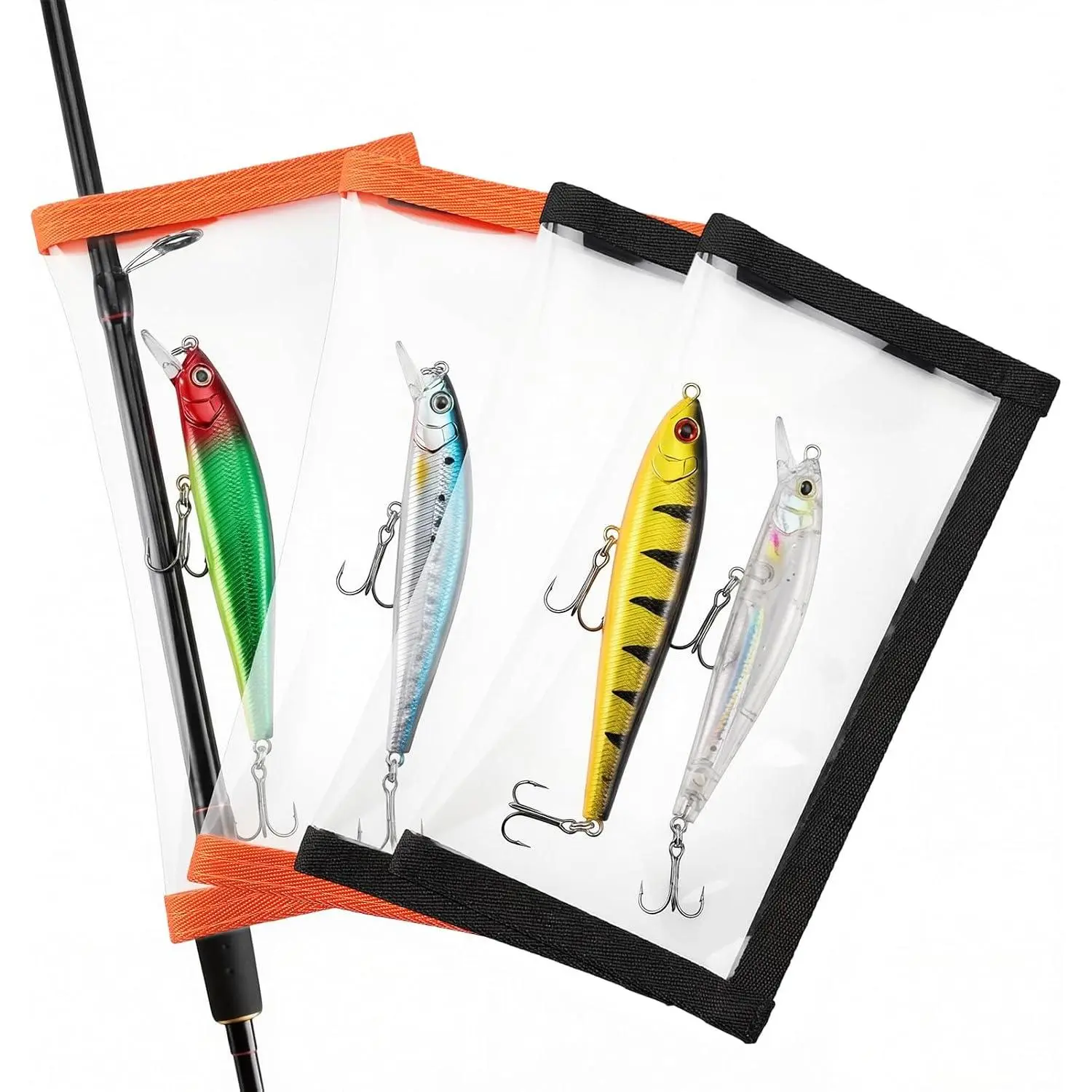 4 count Fishing Lure Covers, 7.9 x 4.3in Clear PVC Lure Wraps with 0.5mm Thick Protective Cover, Fishing Hook Covers for Rod Armor Storage (2 Black + 2 Orange )
