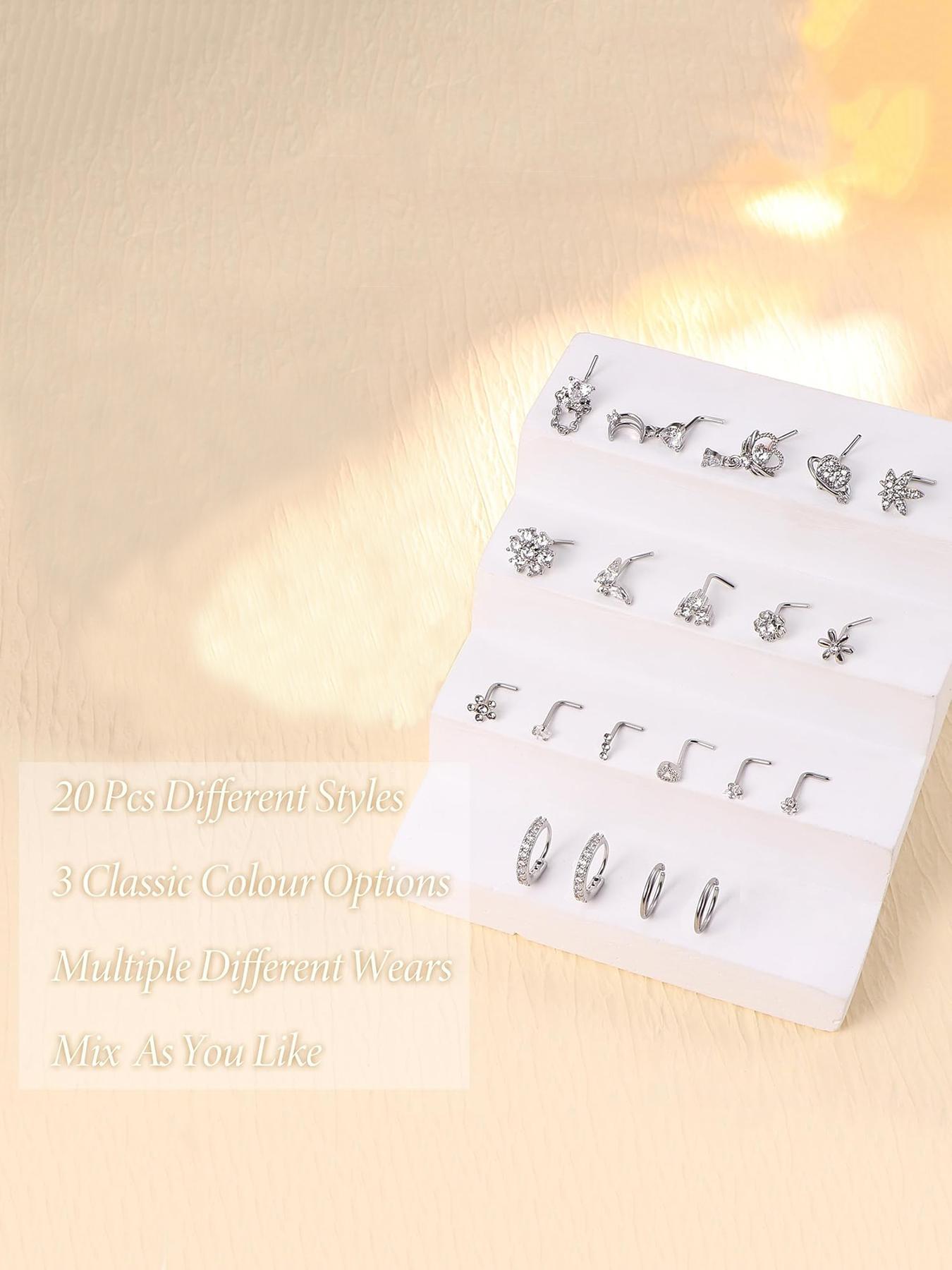 L Shaped Nose Ring, Stainless Steel Nose Studs Ring, Dangle CZ Butterfly Flower Nose Studs Hoops Piercings Jewelry Gift for Women Men, Nose Piercings Kit