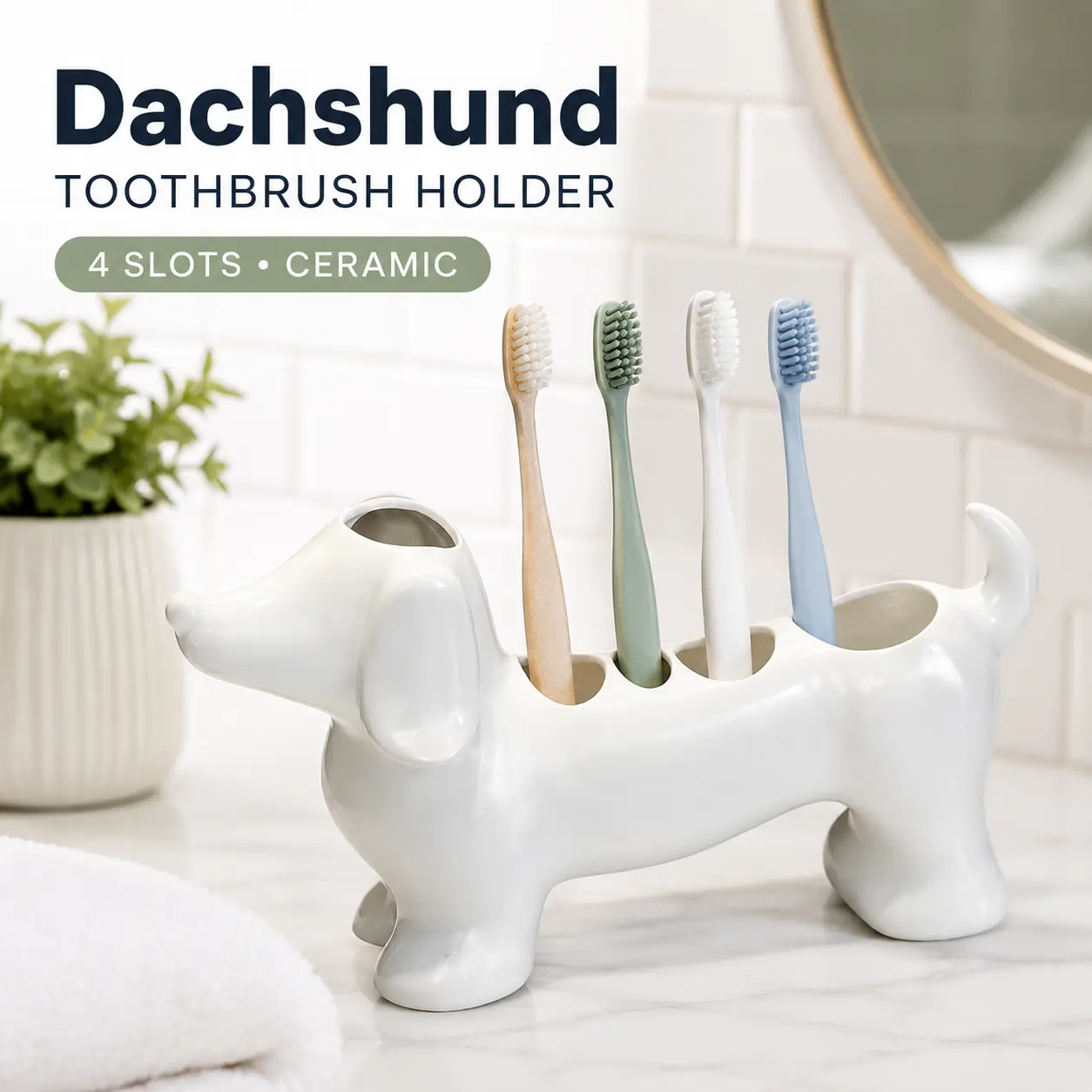 Dachshund Shape Ceramic Toothbrush Rack, 4-Slot Bathroom Countertop Storage Organizer, Family Daily Home Essential