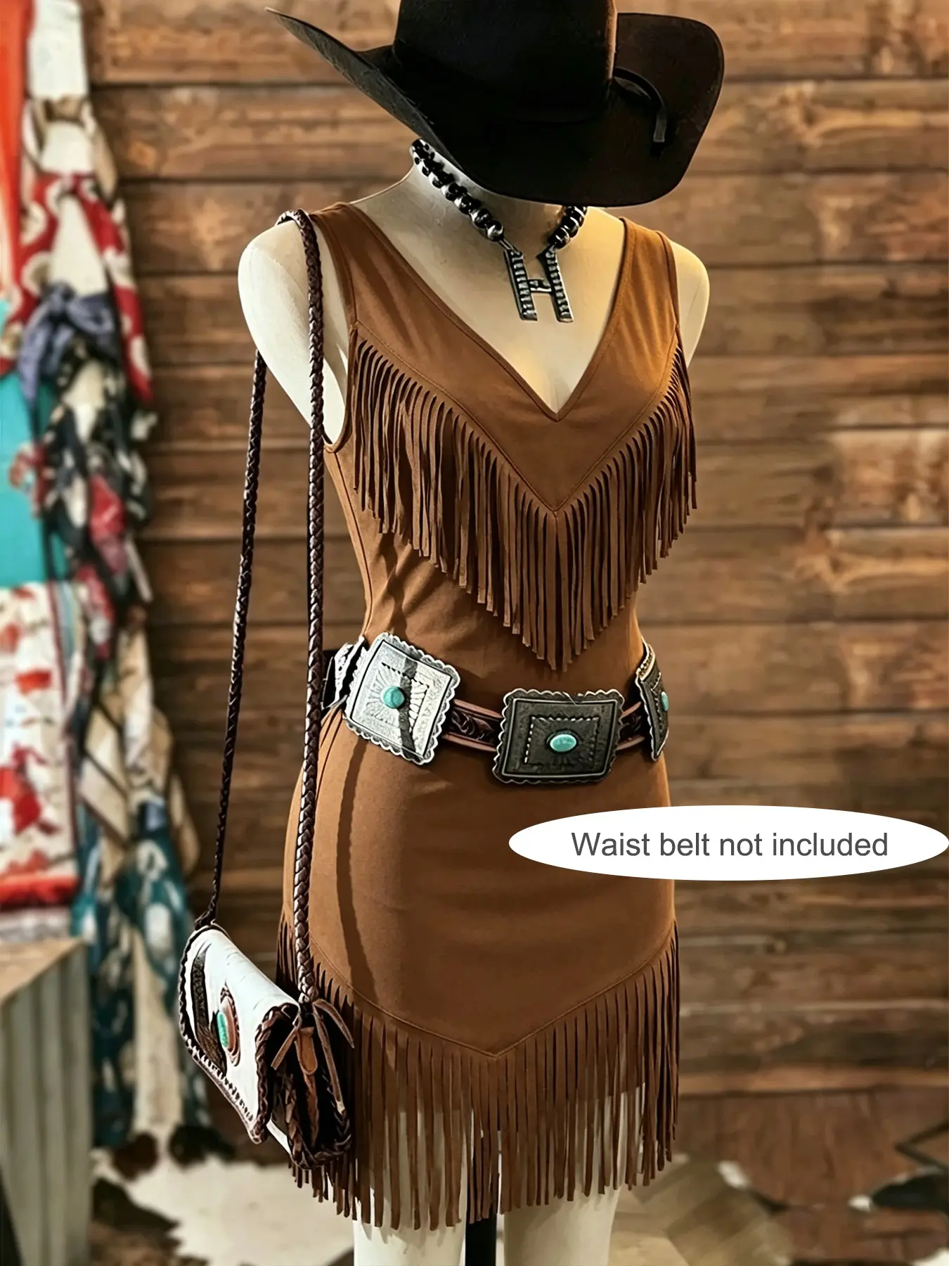 Women's Western Style V-Neck Fringe Sleeveless Short Dress, Retro Slim Fit Party Performance Dress, No Belt Included, All Seasons Boho Solid Pattern