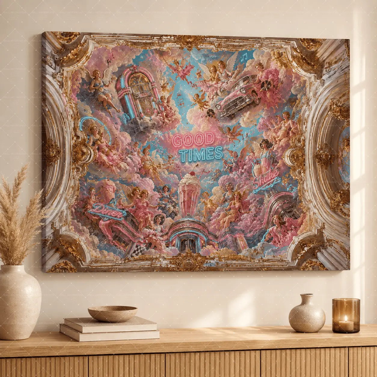 "Good Times" Baroque Neon Canvas Wall Art, Pastel Pink Purple Aesthetic Poster, Luxury Ornate Texture Print, Elegant Living Room Bedroom Office Wall Decor, Unique Gift for Home Aesthetic Lovers,wall decor,poster.