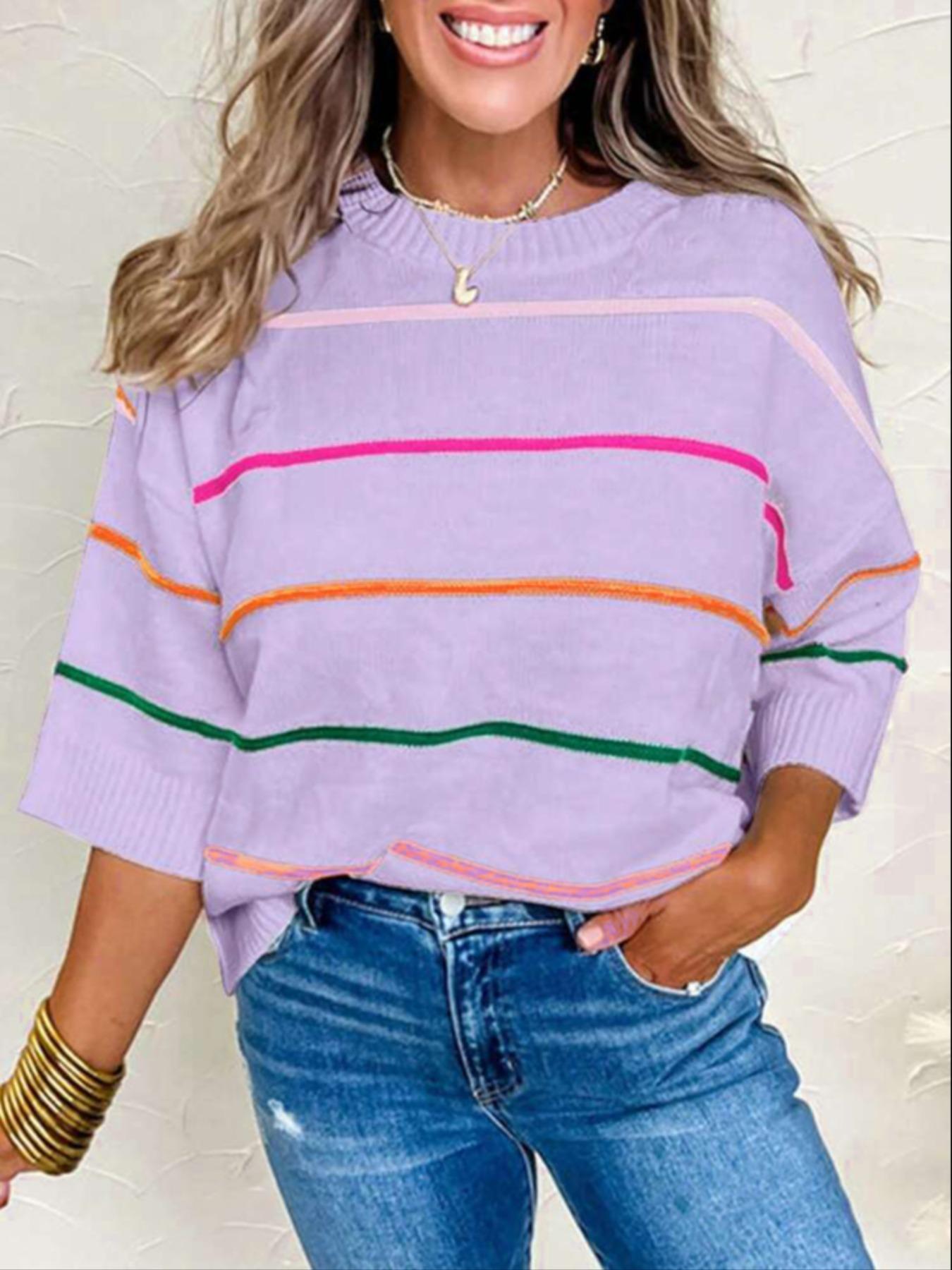Women's Striped Print Sweater, Casual Short Sleeve Round Neck Jumper for Daily Wear, Ladies Knitwear for Spring & Fall