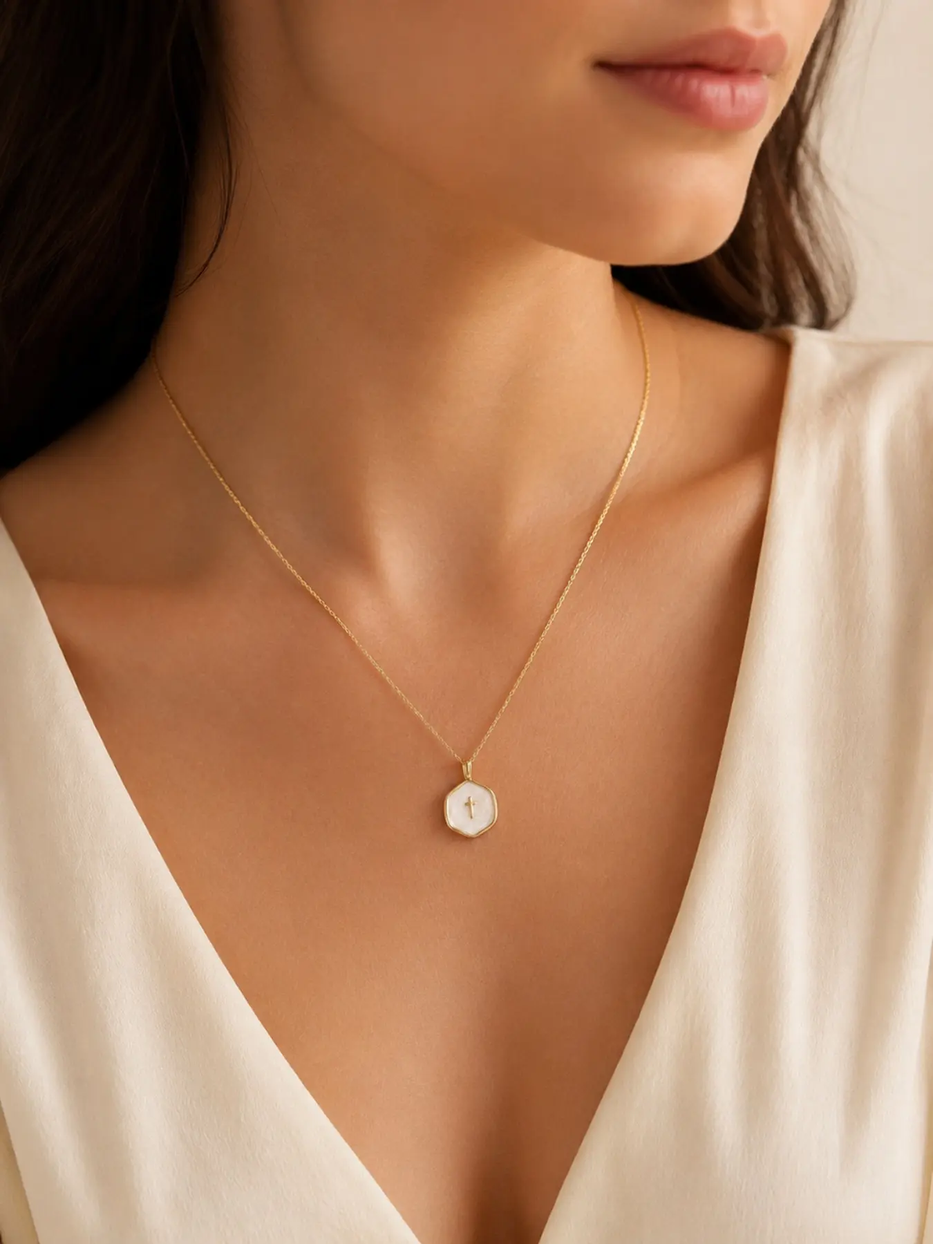 Gold Tone Cross Necklace with White Shell Style Pendant, Dainty Christian Faith Jewelry, Minimalist Everyday Layering Necklace, Religious Gift for Mom, Wife, Daughter or Girlfriend