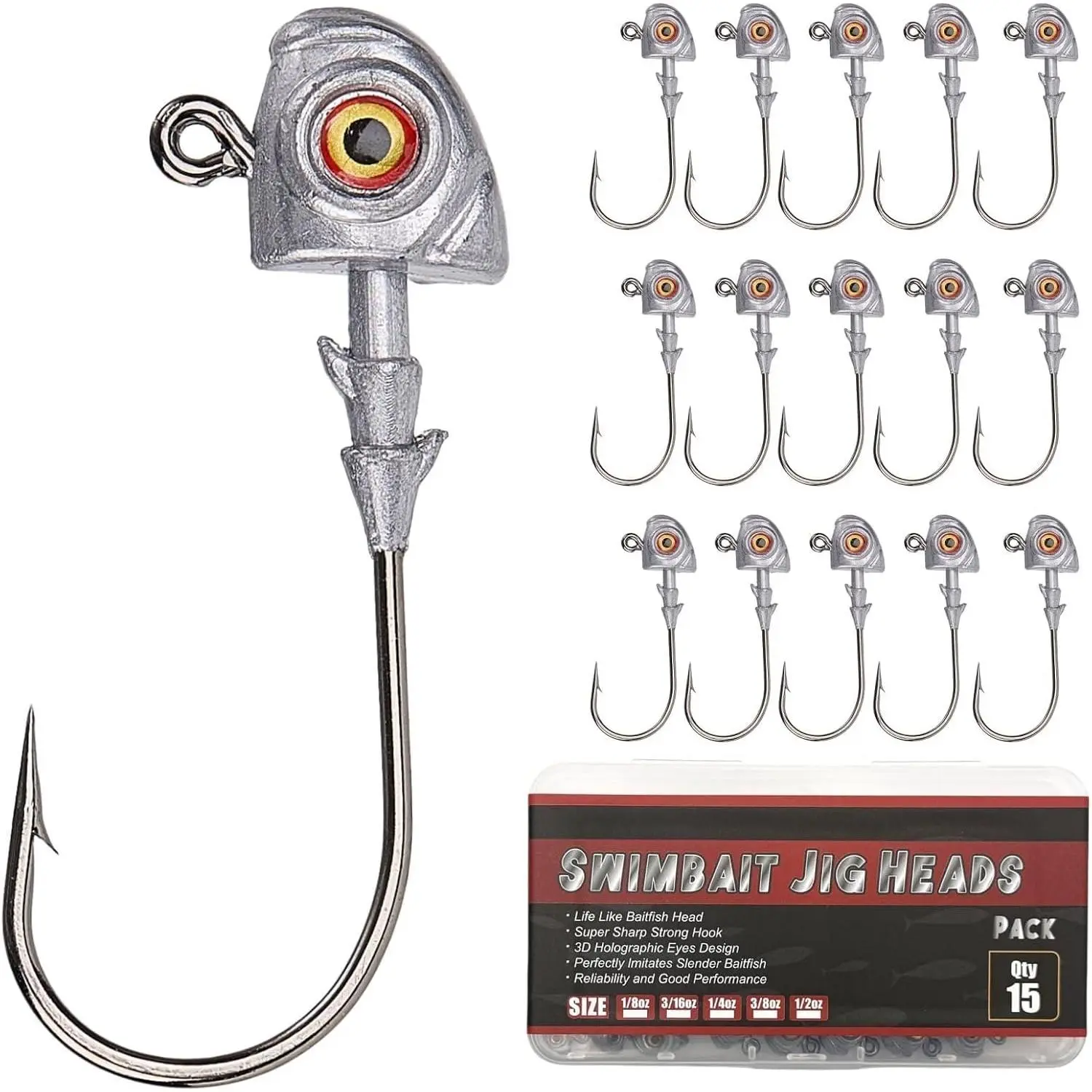 Eyes Bass Jig Heads for Fishing, 15 count Finesse Swimbait Jig  with Cone  Keeper Lifelike Minnow Style Jigheads Saltwater&Freshwater 1/8 3/16 1/4 3/8 1/2oz