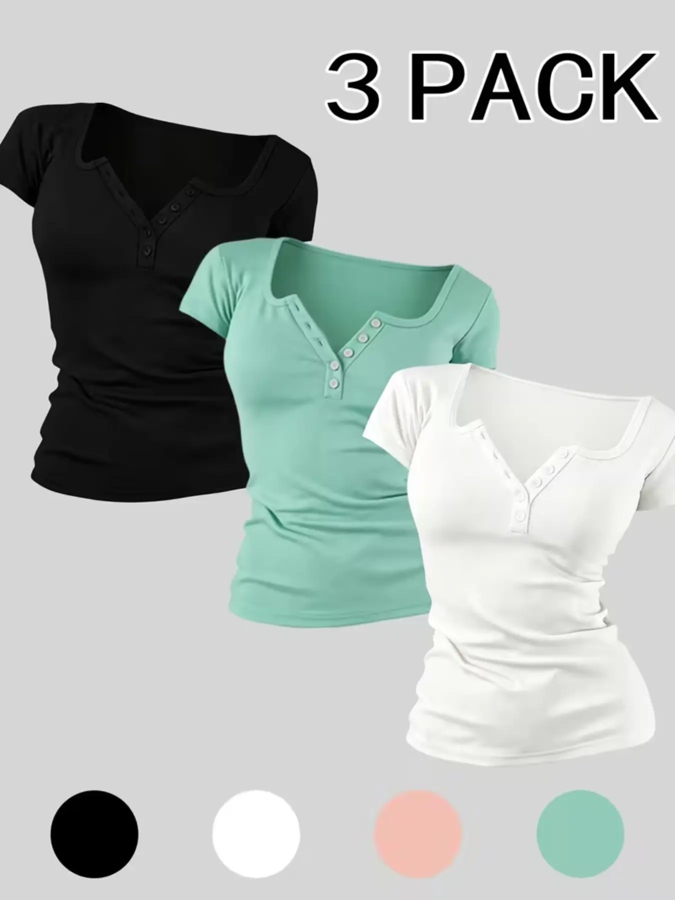 3-Pack Henry Neck Button Front Short Sleeve T-Shirts, Slim-Fit U-Neck Top, Casual All-Season Wear, Perfect for Jeans & Skirts, Clothes