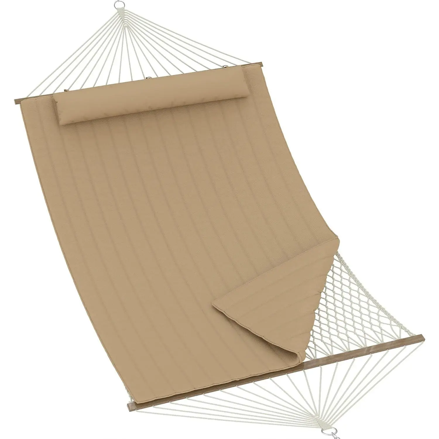 GARVEE 12FT Double Hammock with Spreader Bar and Stand, Quilted Cotton Rope Fabric for Two, Includes Detachable Pillow and Side Storage Pockets, Heavy Duty Steel Frame Supports Up to 450 lbs, Ideal for Patio, Yard, or Garden