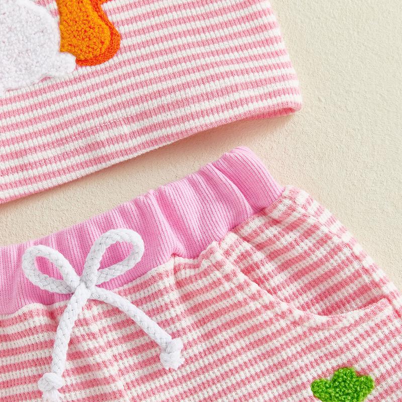 Toddler Baby Little Girl Easter Shorts Set Short Sleeve Carrot Bunny Letter Embroidery T-Shirt and Shorts Outfits 0-3 Years