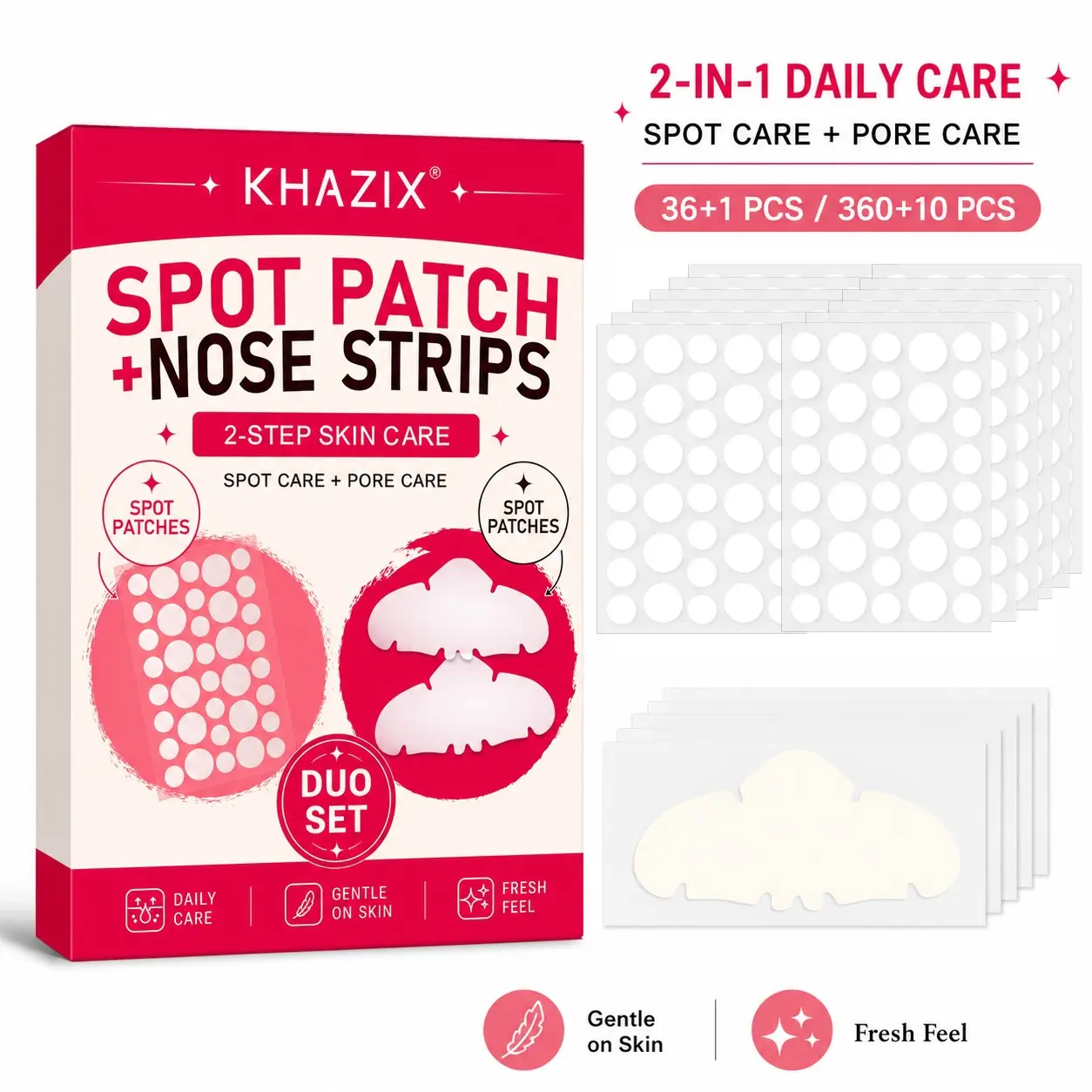 36+1/360+10-Piece 2-in-1 Nose Strip and Acne Patch Combo Pack: Deeply cleanses blackheads, shrinks pores, and conceals blemishes; highly effective oil-control facial skincare patches; an acne treatment tool suitable for all skin types