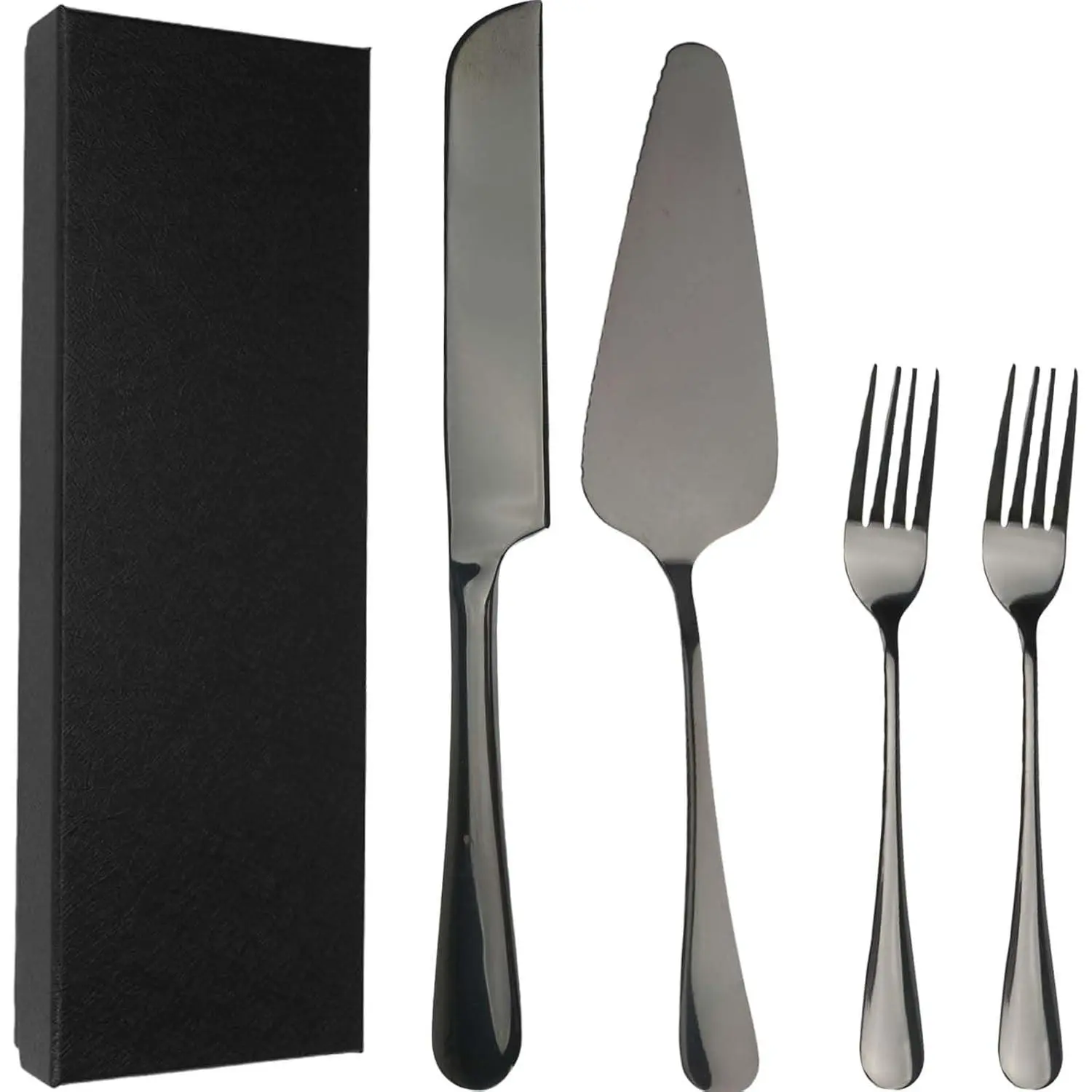 Cake Knife and Server Set with 2 Forks, Cake Cutting Set for Wedding with Gift Box, Stainless Steel Cake Cutter and Pie Server for Birthday Party Anniversary (Black)
