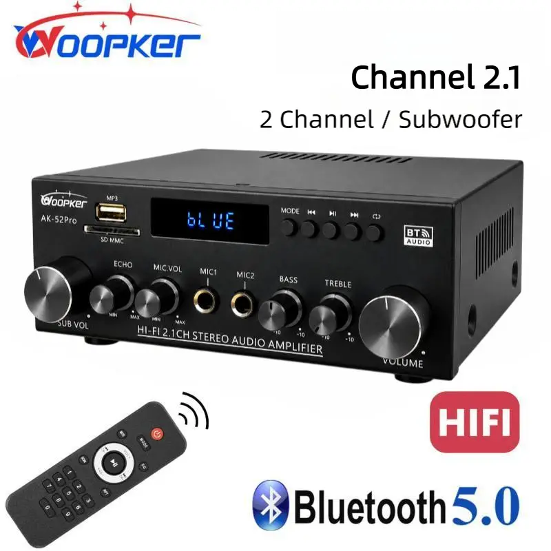Woopker AK52 Pro Bluetooth 5.0 Stereo Amplifier, 2.1 Channel Subwoofer Power Amplifier Drives 400W+400W Speakers and 600W Subwoofer, with FM Radio, USB, SD, AUX & Remote Control for Home Theater and Karaoke