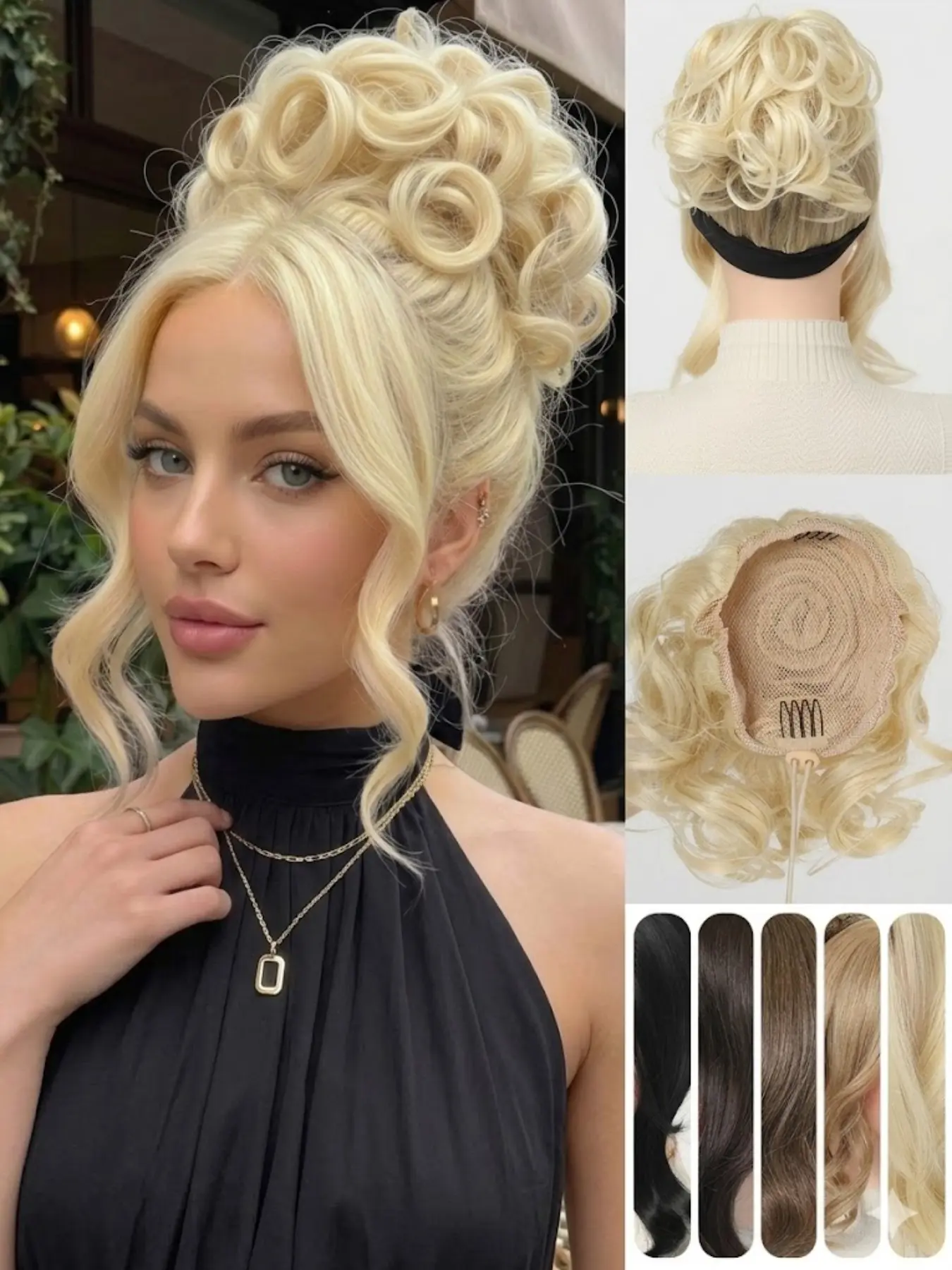 2-In-1 Contour Bangs Bun Hair Wrap, Wedding Hair Accessory, 12 Inch French Bangs Topper + 8 Inch Bun Clip, Face Slimming, Secure Claw Clips