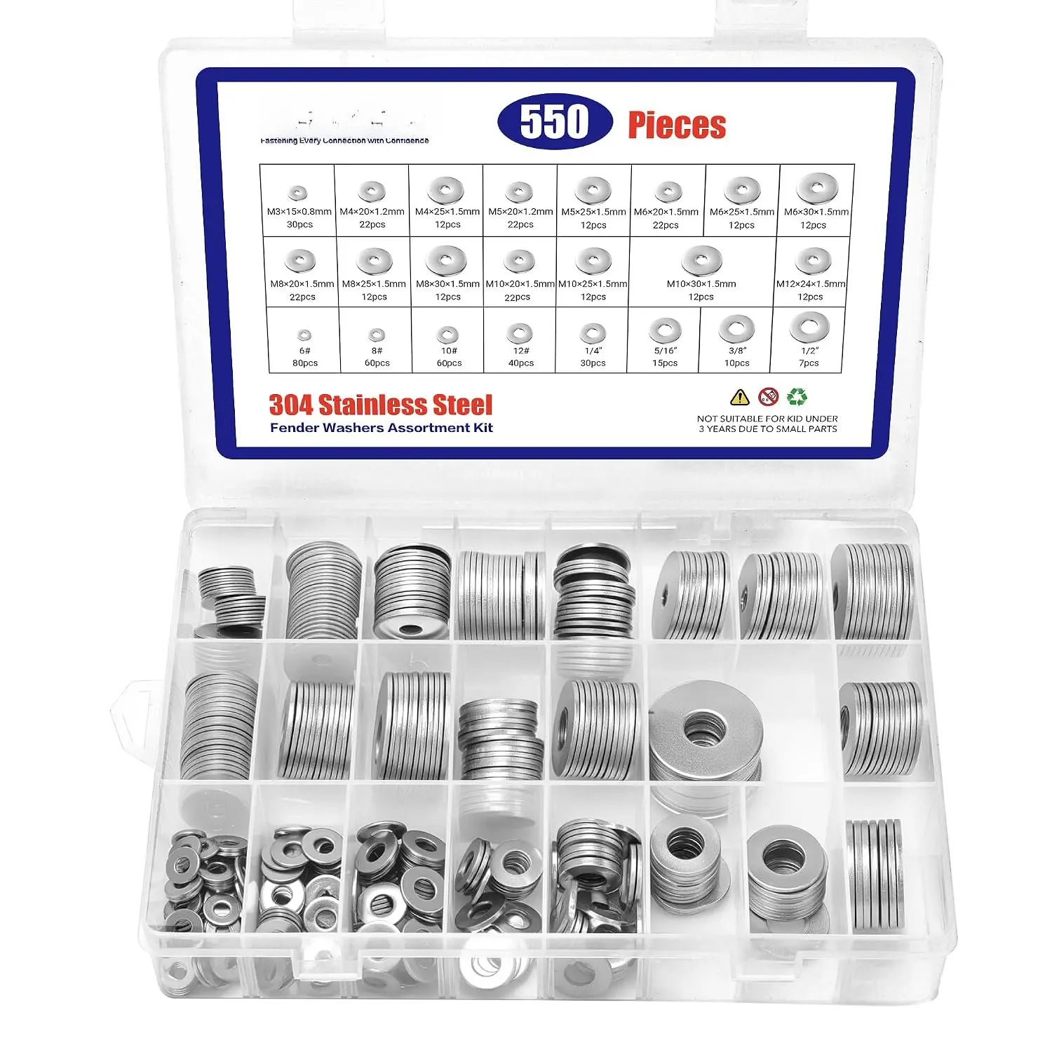 1100 count Flat Washers  Kit – 304 Stainless Steel, 9 Metric Sizes (M2–M12), Metal Washers for Screws and  – Ideal for Automotive, Construction, Industrial, and DIY Use