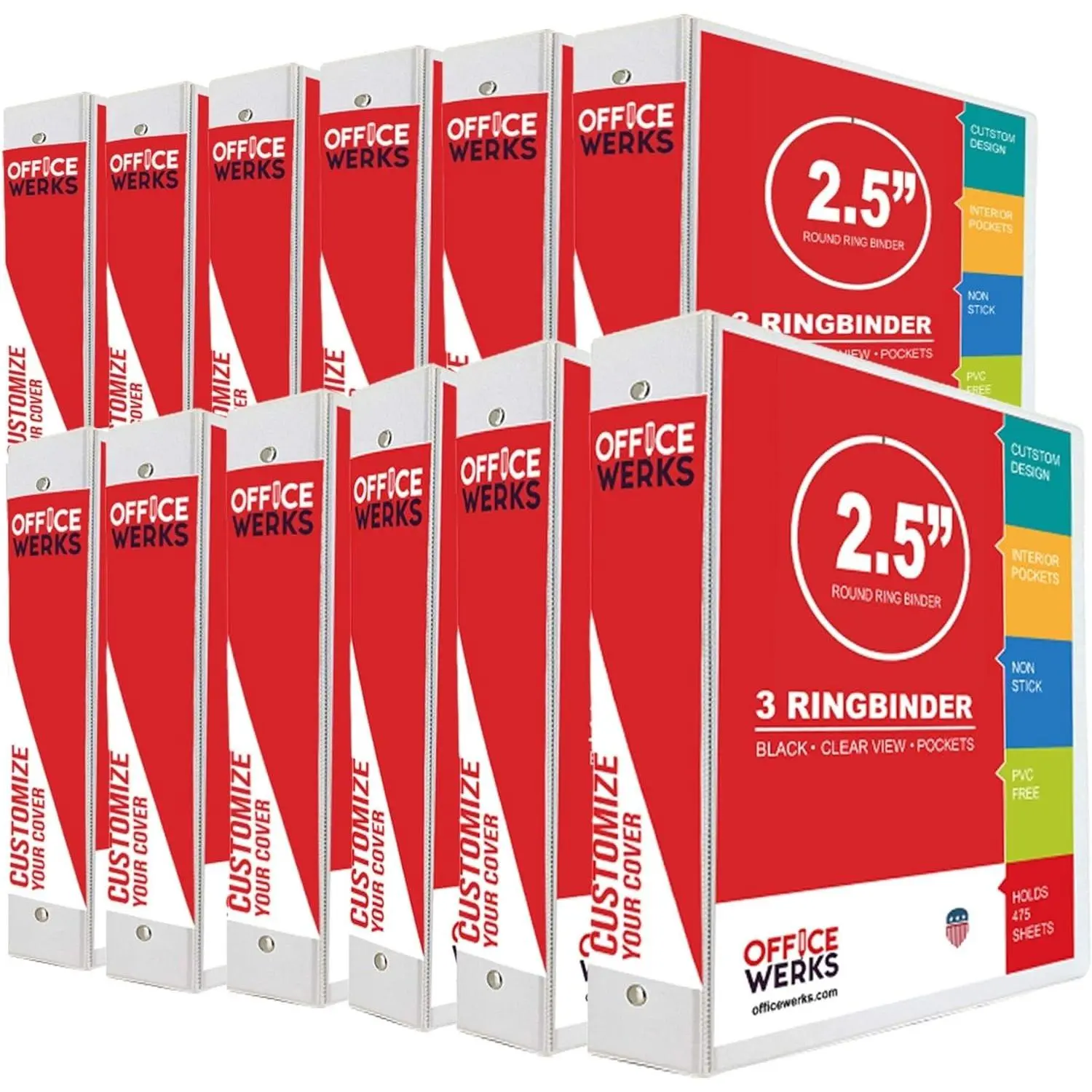 3 Ring Binder, 2.5" Professional Round Ring, Presentation Folder for Standard Pages with Inside Pockets, Customizable Clear View White Binder (12 Pack) - Ideal for Office Supplies