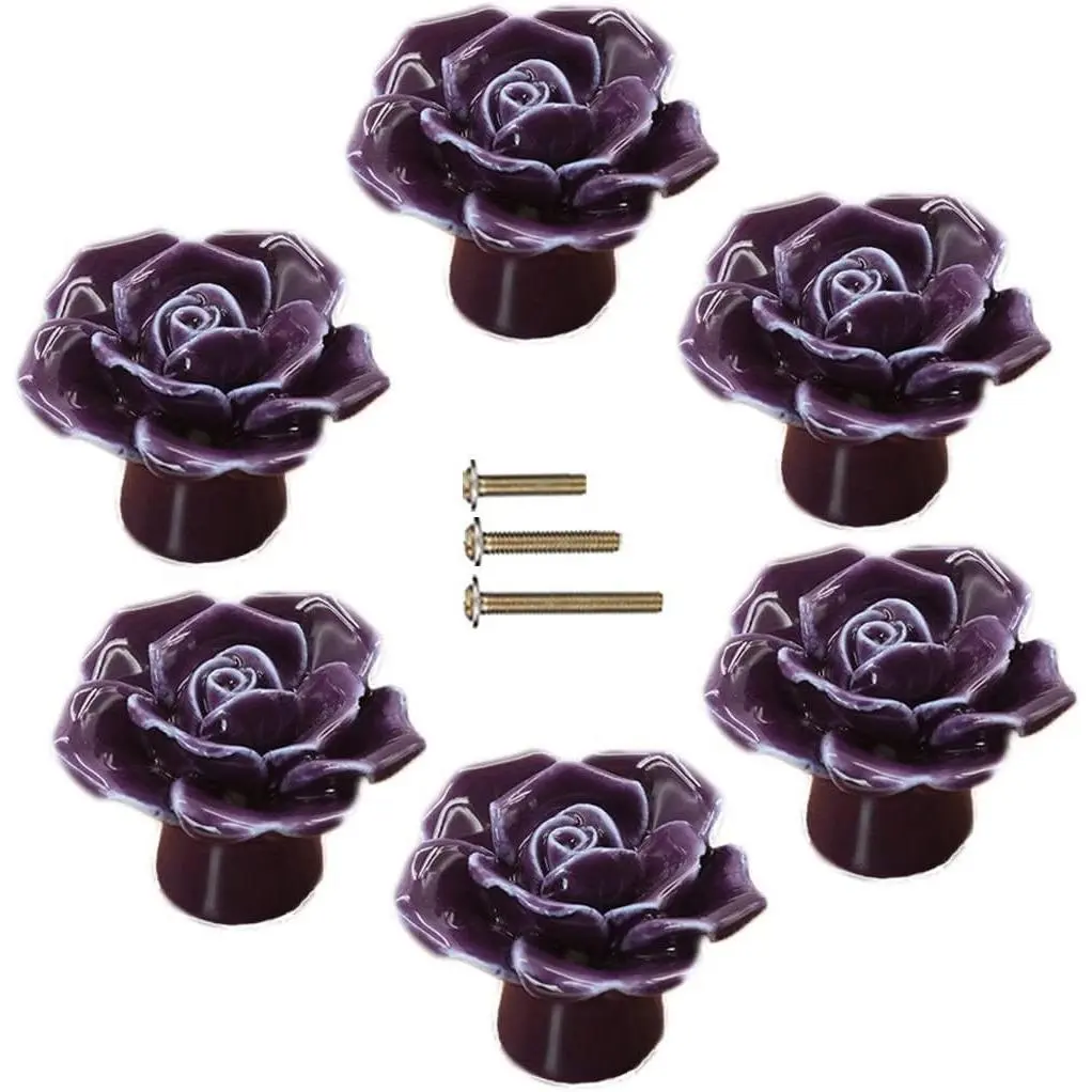 Ceramic Elegant Rose Flower Cabinet Knobs, 6Pcs Purple Vintage Kitchen Drawer Knobs Pull Handles for Dresser Cupboard Wardrobe with 3 Size Screws