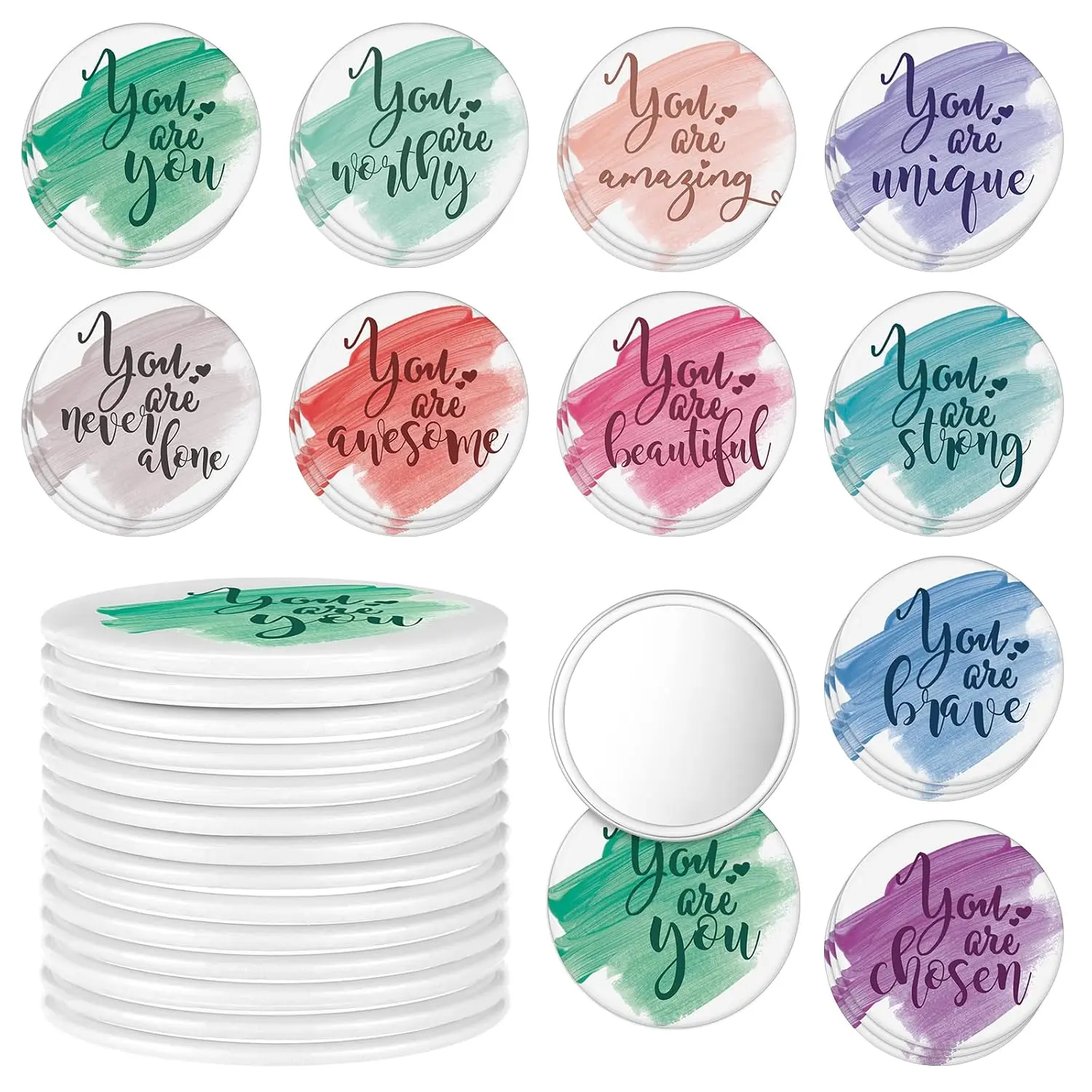 30 count 2.76 Inch Inspirational Compact Mirror Bulk for Women Small Pocket Mirrors Mini Purse Makeup Mirror  to School Gifts for Students Teachers Coworker Team(Watercolor)