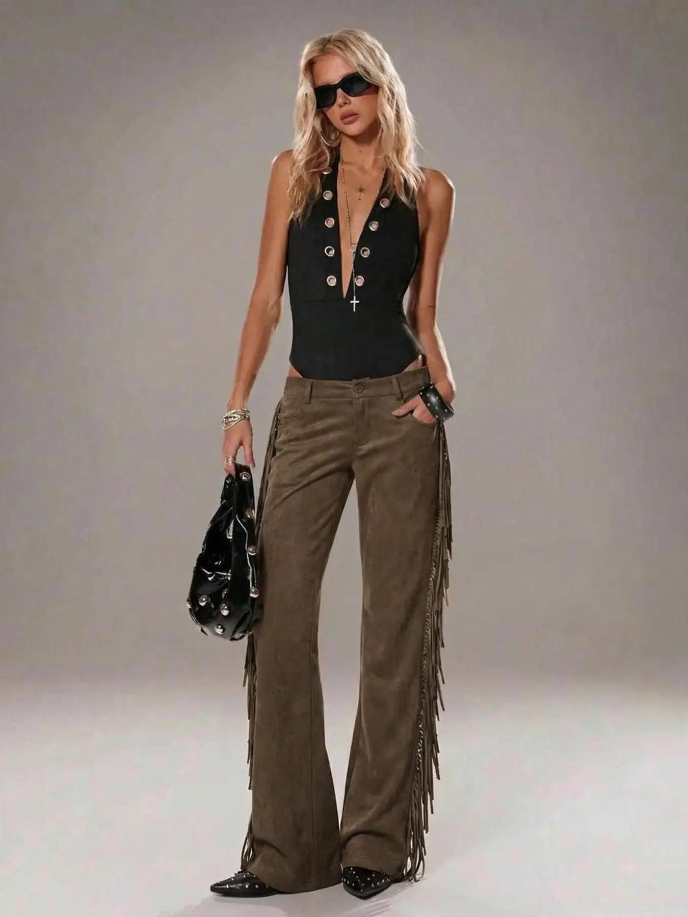 High Waist Suede Fringed Wide Leg Pants, Vintage Country Style, Women's Casual Bootcut Trousers, Fashionable and Comfortable