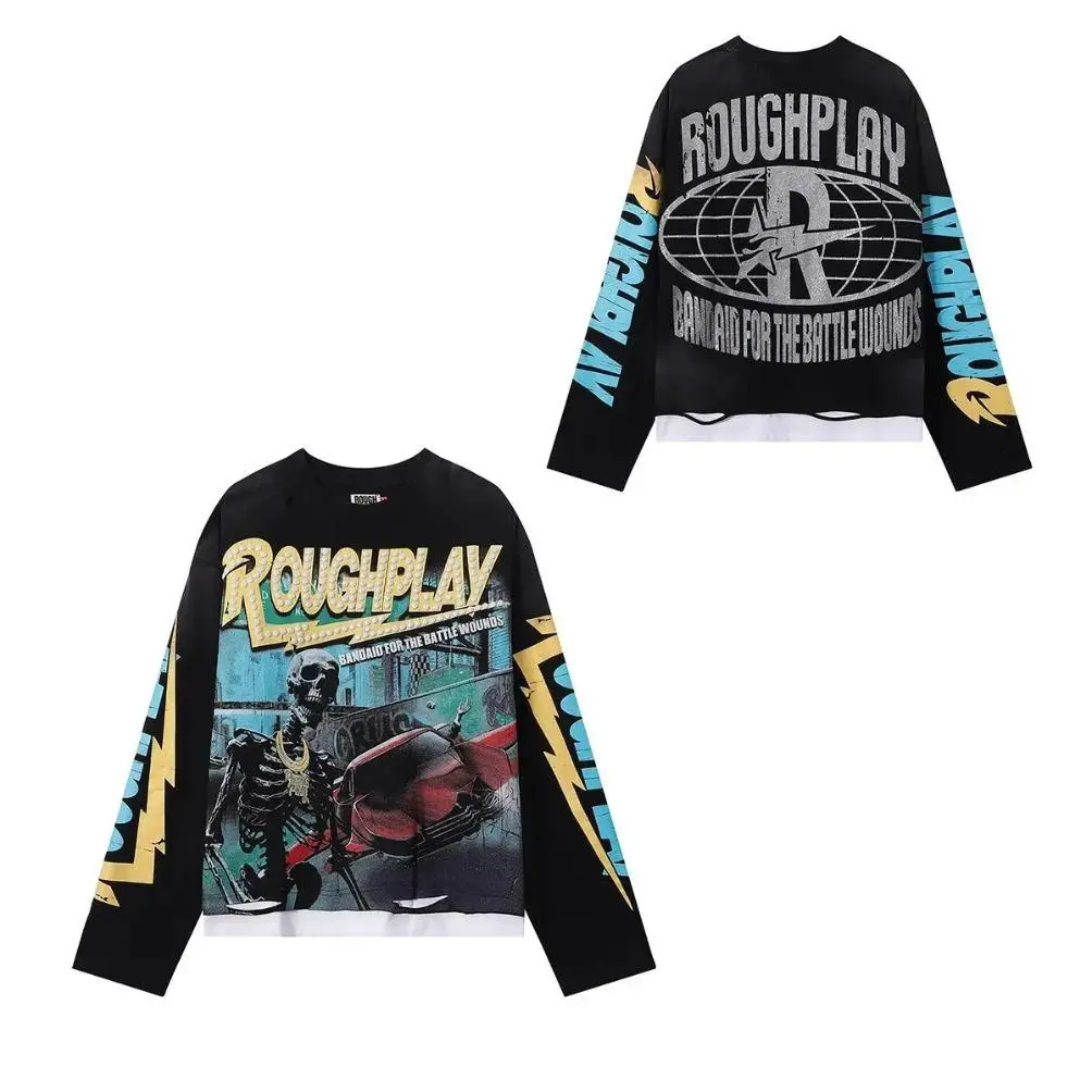 Artwork Print Men's Long Sleeve T-Shirt, Vintage Washed Cotton Tee with Skeleton Racer Graphic, Oversized Unisex Streetwear, Plain, Artwork Print Men's Long Sleeve T-Shirts, Tshirt, Chic, Screen Printed