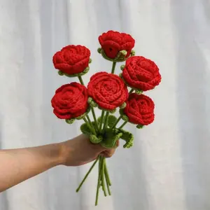 Hand-Woven Crochet Rose Bouquet, 6PCS Artificial Decorative Flowers, Graduation Gift, Valentine's Day, Mother's Day, Wedding, Anniversary, Birthday, Home Decor & Room Decoration