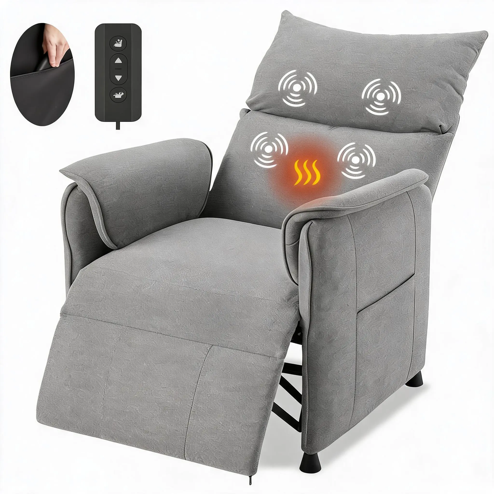 Electric Recliner Chair with Massage & Heat – Adjustable Single Sofa, Remote Control – Comfortable Home Theater Armchair for Living Room or Office – Modern Fabric – Color: Grey