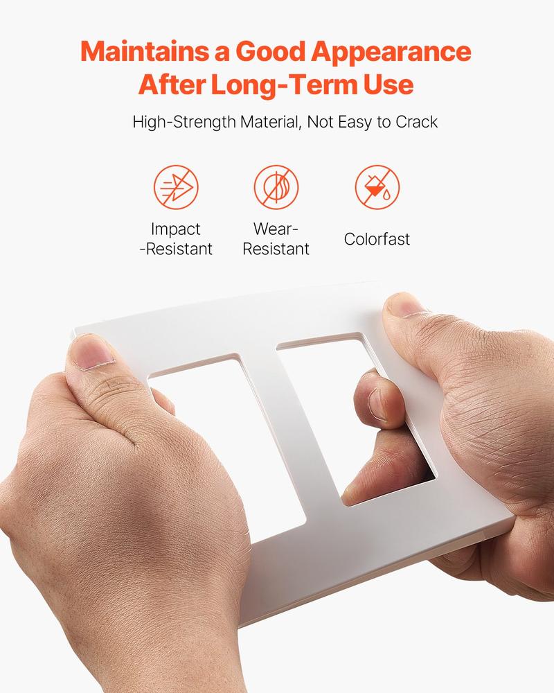 VEVOR Rocker Light Switch Wall Plates, 2-Gang Decorative Outlet Covers,Standard Size 4.57in L x 4.53in H Unbreakable Polycarbonate Thermoplastic Faceplate for Receptacle Outlet&Switch(5 Pack, White)