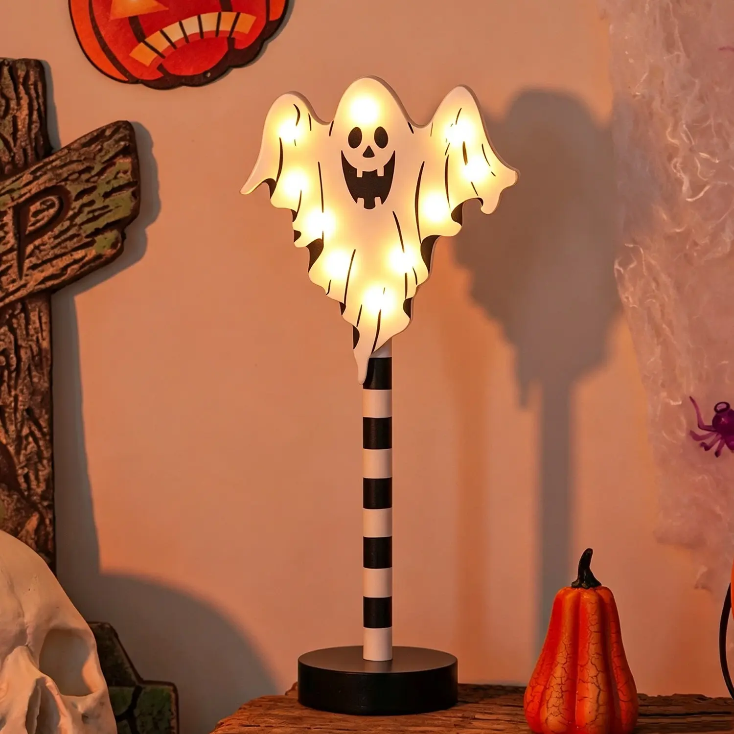 1PC Halloween Wooden Night Light, Festive Decoration LED Table Lamp, Warm Natural Decor for Bedroom Living Room Fireplace Halloween Party