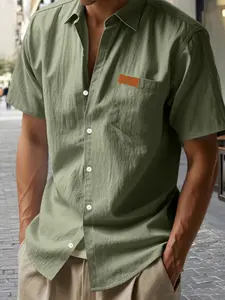 Men's Hawaiian Style Linen Shirt, Loose Fit Casual Henry Collar Short Sleeve, Plain Surface, All Seasons, Unlined, Fitted