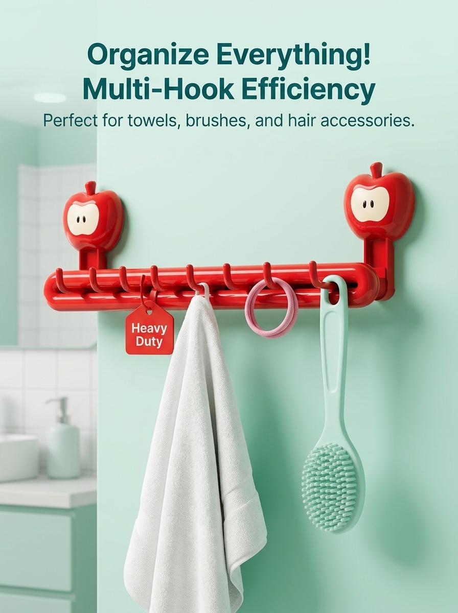 Cute Apple Wall Hook Rack| No-Drill Adhesive Bathroom Organizer| Dopamine Home Decor for Towels & Brushes
