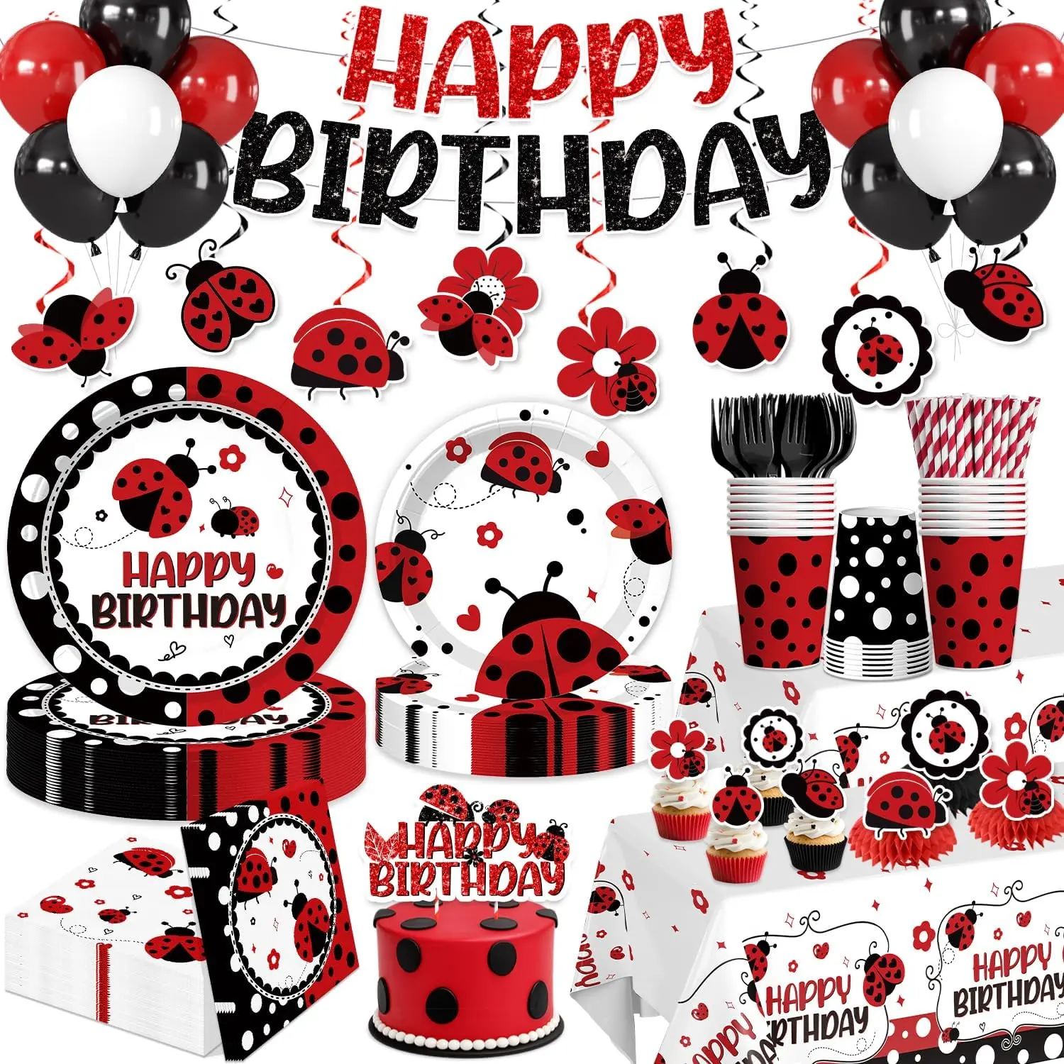 Yingto 215PCS Lady Bug Birthday Decorations, All-in-One Lady Bug Party Supplies with Plates, Napkins, Cups, Banner, Balloons, Tablecovers, Cake & Cupcake Toppers, Serves 25