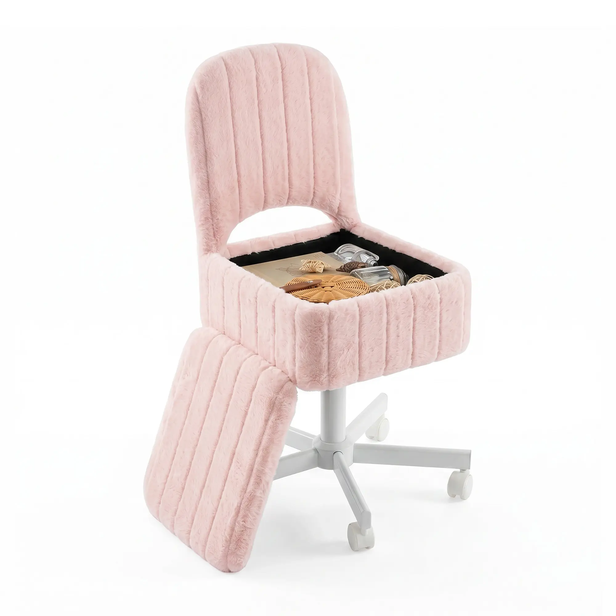 Space-Saving Vanity Stool with Storage, Adjustable Height, 360° Swivel, Folding Back, Faux Rabbit Fur, Quiet Wheels, Makeup Chair for Bedroom, Home Office, Dressing Table